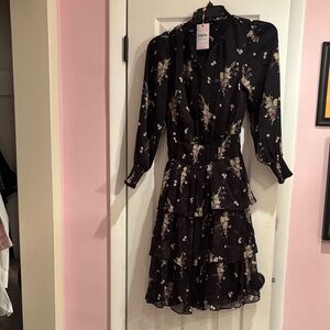Chic Black Floral Long Sleeve Dress tiered ruffles